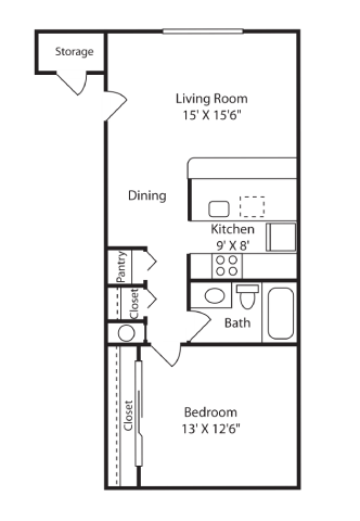 Floor plan for 1 bed, 1 bath, 612 sqft
