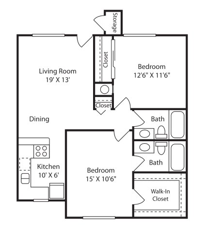 Floor plan for 2 beds, 2 baths, 844 sqft