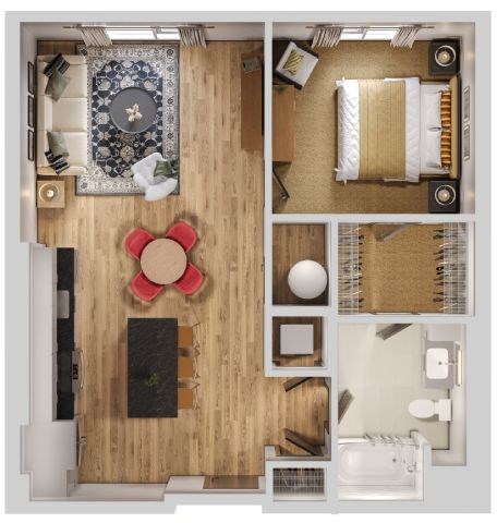 Floor plan for 1 bed, 1 bath, 761 sqft