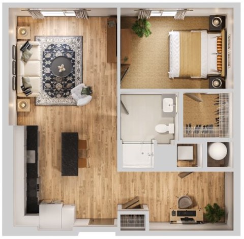 Floor plan for 1 bed, 1 bath, 813 sqft