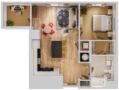 Floor plan for 1 bed, 1 bath, 834 sqft