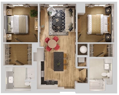 Floor plan for 2 beds, 2 baths, 1051 sqft