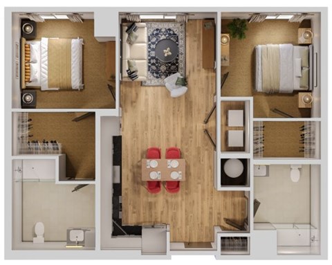 Floor plan for 2 beds, 2 baths, 1039 sqft