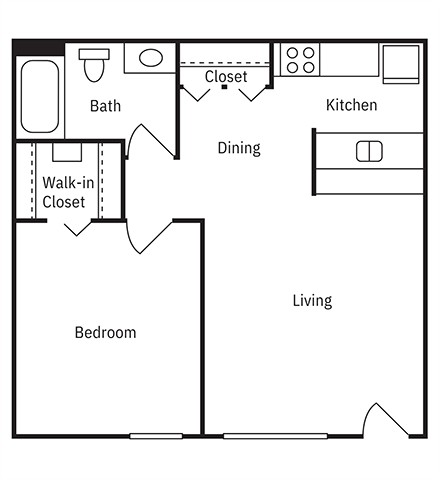 Floor plan for 1 bed, 1 bath, 600 sqft