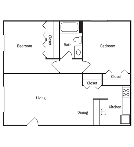 Floor plan for 2 beds, 1 bath, 750 sqft