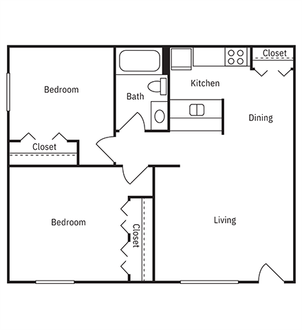 Floor plan for 2 beds, 2 baths, 800 sqft