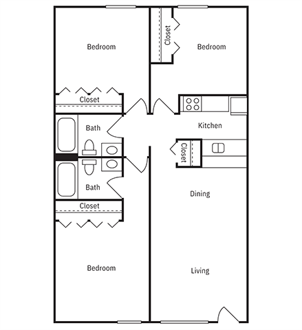 Floor plan for 3 beds, 2 baths, 1100 sqft