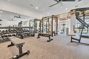 Williamsburg apartment for rent - A gym with a variety of equipment including weights and a bench press.