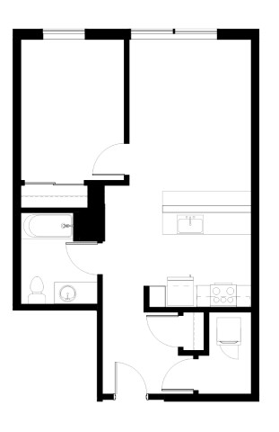 Floor plan for 1 bed, 1 bath, 586 sqft