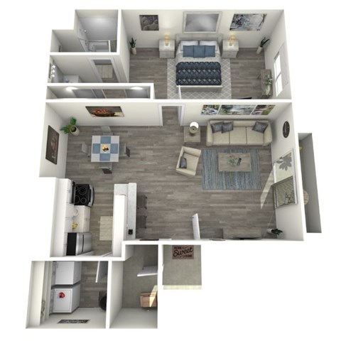 Floor plan for 1 bed, 1 bath, 730 sqft
