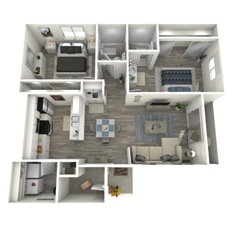 Floor plan for 2 beds, 2 baths, 893 sqft