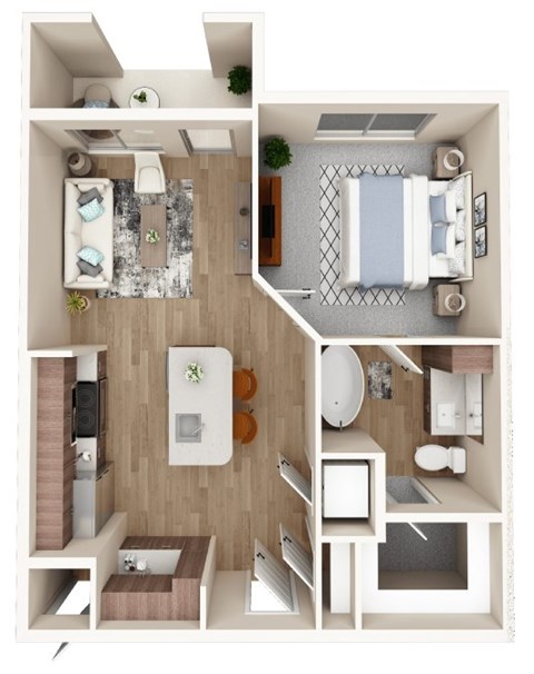 Floor plan for 1 bed, 1 bath, 631 sqft