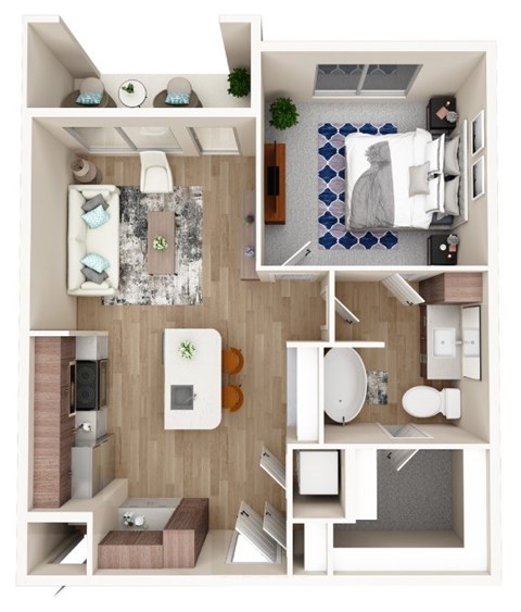 Floor plan for 1 bed, 1 bath, 698 sqft