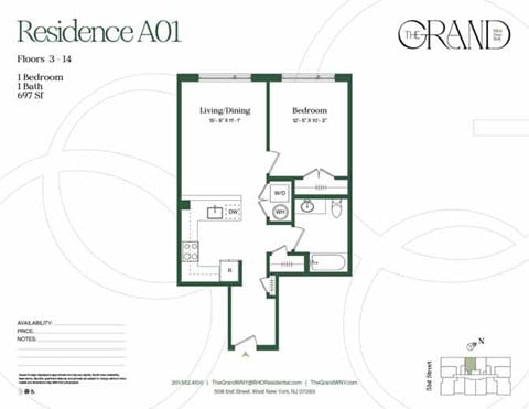 Floor plan for 1 bed, 1 bath, 697 sqft