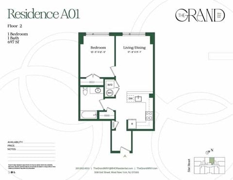 Floor plan for 1 bed, 1 bath, 722 sqft