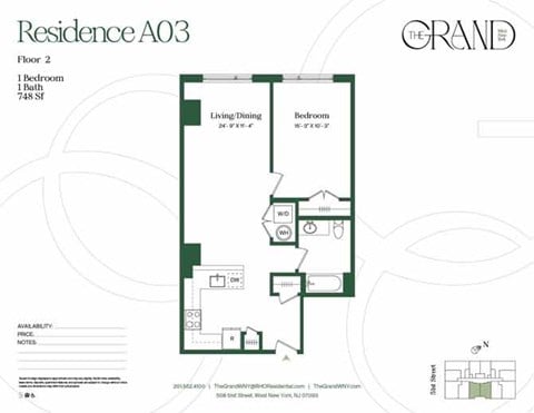 Floor plan for 1 bed, 1 bath, 748 sqft