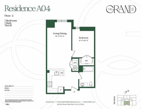 Floor plan for 1 bed, 1 bath, 764 sqft