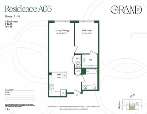 Floor plan for 1 bed, 1 bath, 766 sqft