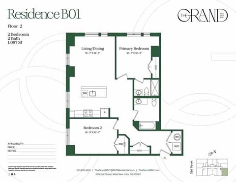 Floor plan for 2 beds, 2 baths, 1087 sqft