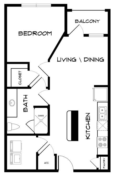 Floor plan for 1 bed, 1 bath, 695 sqft