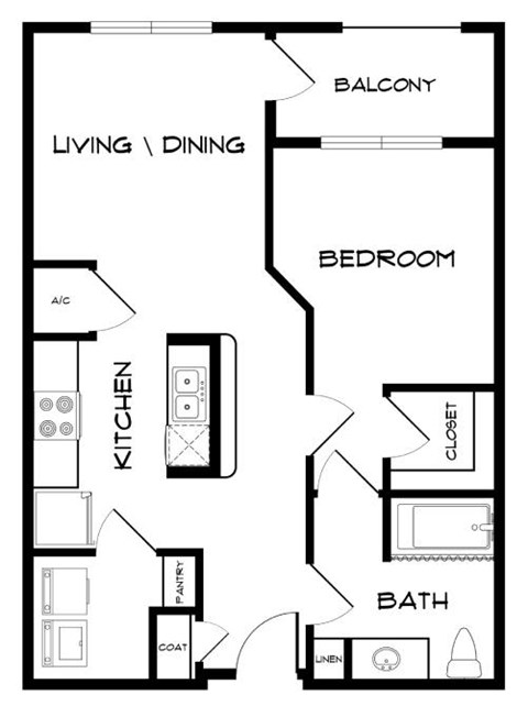 Floor plan for 1 bed, 1 bath, 762 sqft