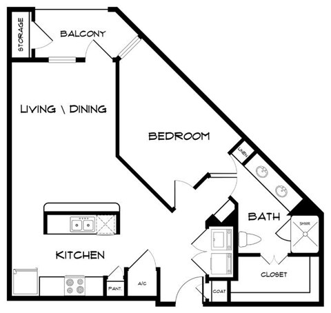 Floor plan for 1 bed, 1 bath, 860 sqft