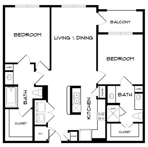 Floor plan for 2 beds, 2 baths, 1140 sqft