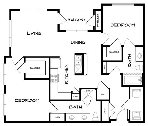 Floor plan for 2 beds, 2 baths, 1184 sqft