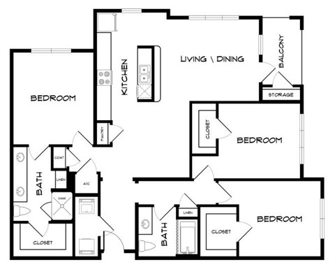 Floor plan for 3 beds, 2 baths, 1503 sqft
