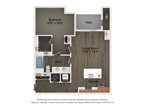 Floor plan for 1 bed, 1 bath, 789 sqft