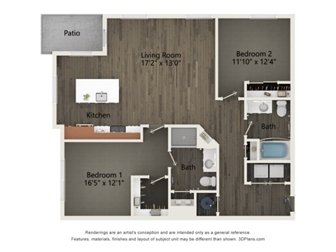 Floor plan for 2 beds, 2 baths, 1093 sqft