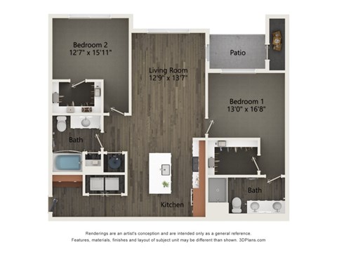 Floor plan for 2 beds, 2 baths, 1097 sqft