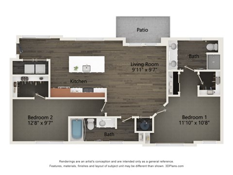Floor plan for 2 beds, 2 baths, 1125 sqft