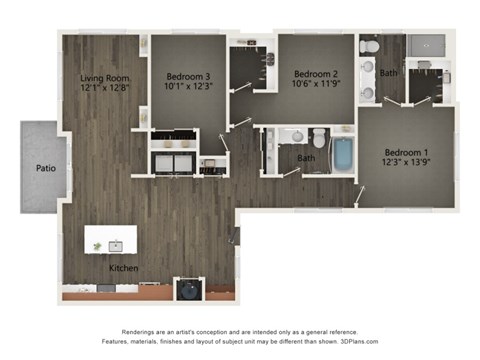 Floor plan for 3 beds, 2 baths, 1496 sqft