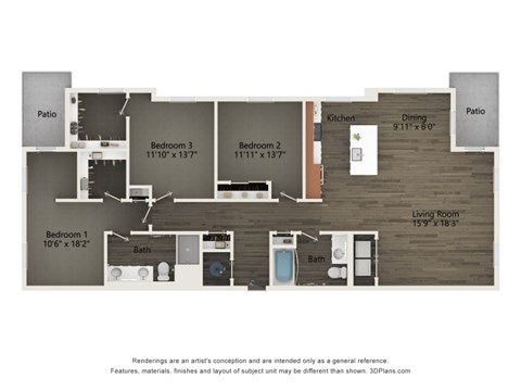 Floor plan for 3 beds, 2 baths, 1528 sqft