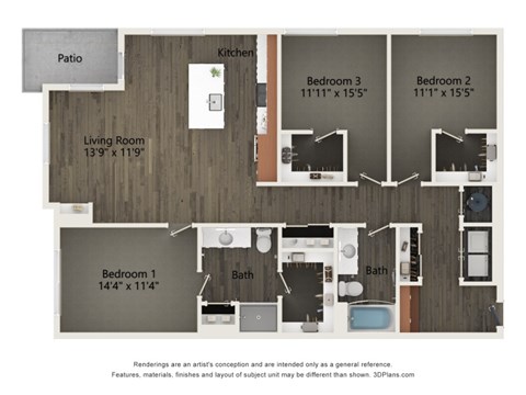Floor plan for 3 beds, 2 baths, 1528 sqft