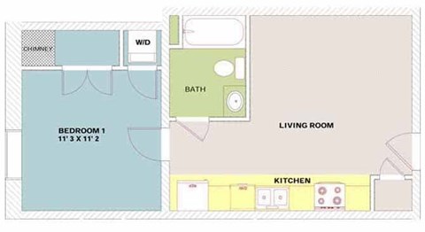 Floor plan for 1 bed, 1 bath, 590 sqft