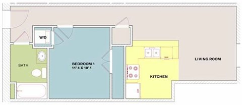 Floor plan for 1 bed, 1 bath, 572 sqft