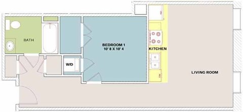 Floor plan for 1 bed, 1 bath, 603 sqft