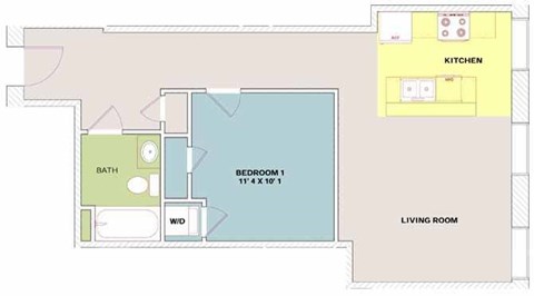 Floor plan for 1 bed, 1 bath, 653 sqft