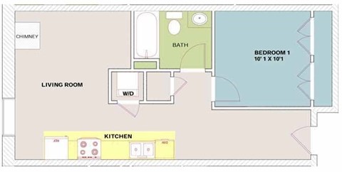 Floor plan for 1 bed, 1 bath, 587 sqft