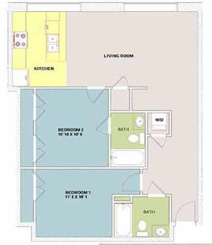 Floor plan for 2 beds, 2 baths, 905 sqft