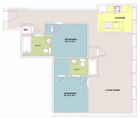 Floor plan for 2 beds, 2 baths, 939 sqft