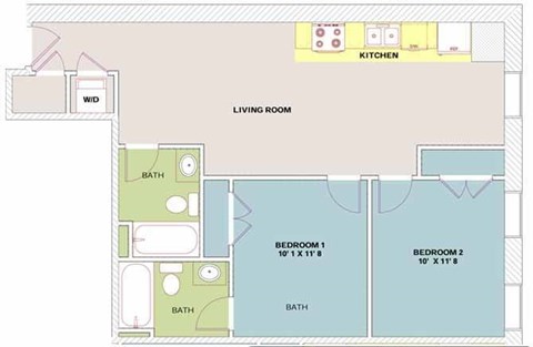 Floor plan for 2 beds, 2 baths, 733 sqft