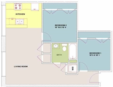 Floor plan for 2 beds, 1 bath, 812 sqft