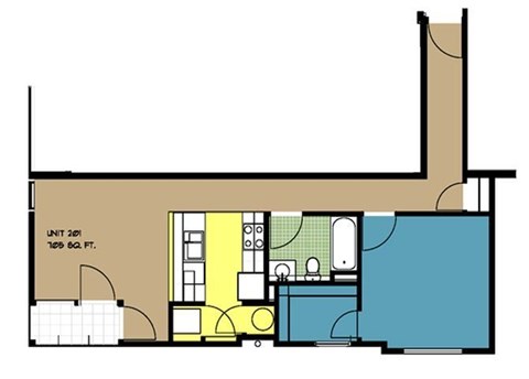 Floor plan for 1 bed, 1 bath, 705 sqft
