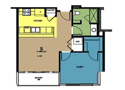 Floor plan for 1 bed, 1 bath, 652 sqft