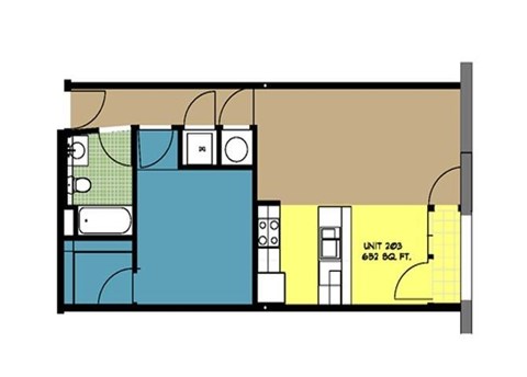 Floor plan for 1 bed, 1 bath, 653 sqft