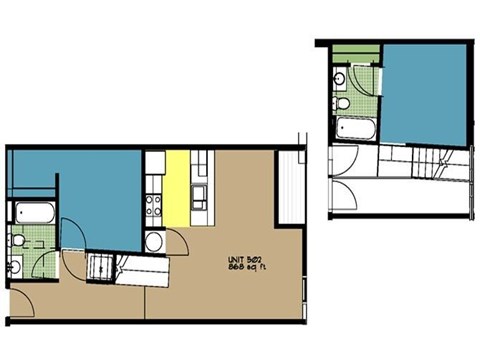 Floor plan for 2 beds, 2 baths, 868 sqft