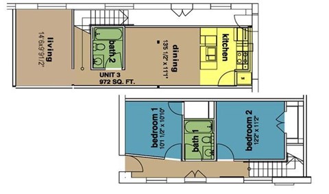 Floor plan for 2 beds, 2 baths, 972 sqft